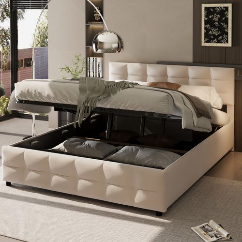 Lit Coffre 180x200 Cm - Lit Hydraulique, Rangement Et Sommier à Lattes, Velours Beige