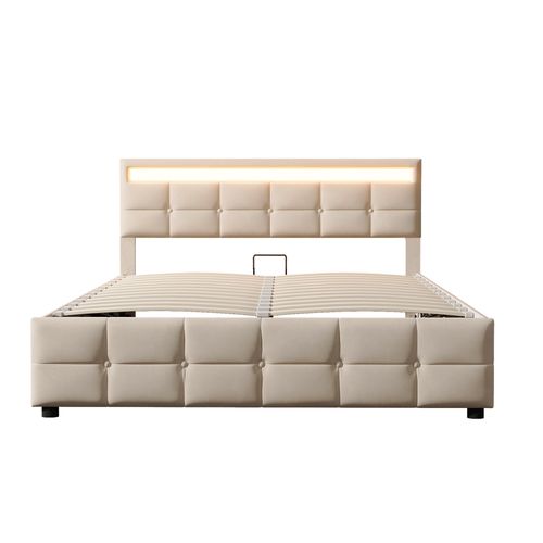 Lit Coffre 180x200 Cm - Éclairage LED, Rangement Intégré Et Sommier à Lattes, Velours Beige