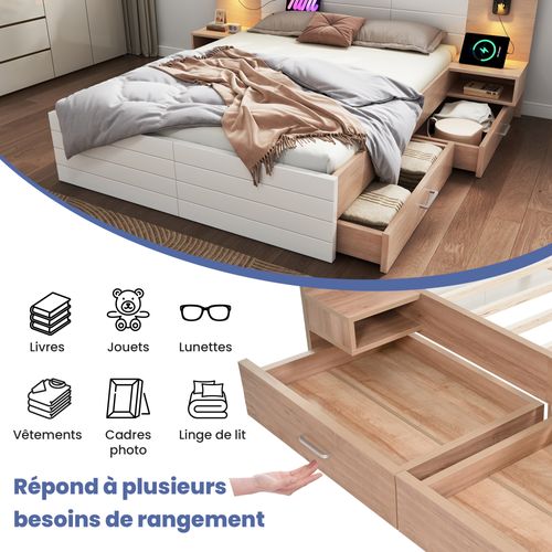 Lit Avec Rangement 180 X 200 Cm - Lit Double Avec Lampes Et USB - Bois Mdf - Blanc Chêne