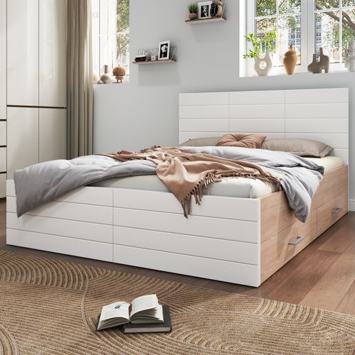Lit Avec Rangement 160 X 200 Cm - Lit Double Avec 2 Tiroirs - Bois Mdf - Blanc Chêne
