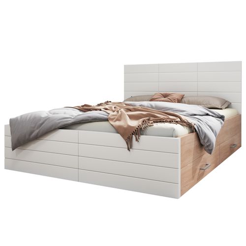 Lit Avec Rangement 160 X 200 Cm - Lit Double Avec 2 Tiroirs - Bois Mdf - Blanc Chêne