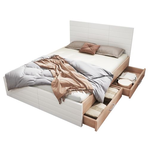Lit Avec Rangement 160 X 200 Cm - Lit Double Avec 2 Tiroirs - Bois Mdf - Blanc Chêne