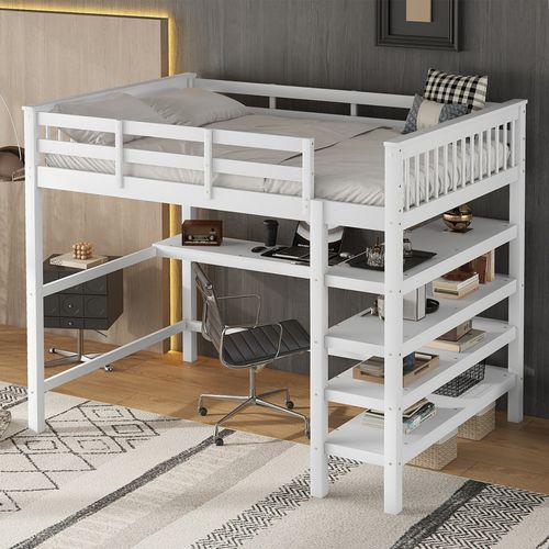Lit Mezzanine 140 X 200 Cm - Lit Enfant Avec Bureau Et Rangements - Pin + Mdf - Blanc
