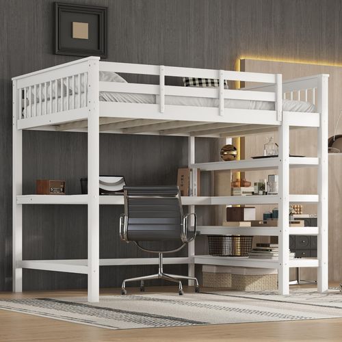Lit Mezzanine 140 X 200 Cm - Lit Enfant Avec Bureau Et Rangements - Pin + Mdf - Blanc