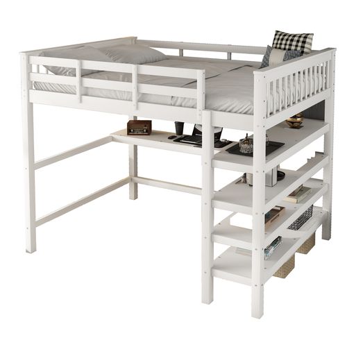 Lit Mezzanine 140 X 200 Cm - Lit Enfant Avec Bureau Et Rangements - Pin + Mdf - Blanc