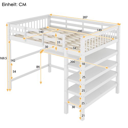 Lit Mezzanine 140 X 200 Cm - Lit Enfant Avec Bureau Et Rangements - Pin + Mdf - Blanc