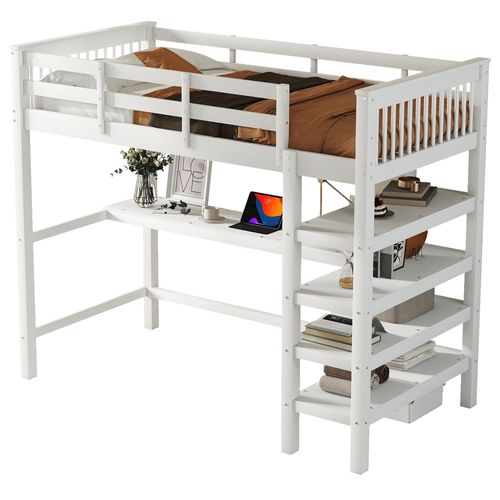 Lit Mezzanine 90 X 200 Cm - Lit Enfant Avec Bureau Et Rangements - Pin + Mdf - Blanc