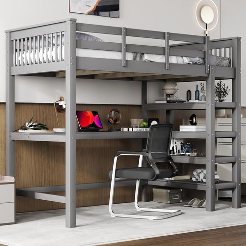 Lit Mezzanine 90 X 200 Cm - Lit Enfant Avec Bureau Et Rangements - Pin + Mdf - Gris