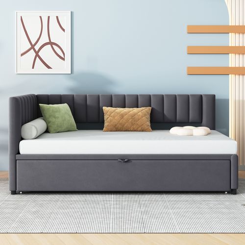 Lit Gigogne Enfant 90/180x200 Cm Avec Lit Coulissant, Multifonction, Velours Gris Foncé