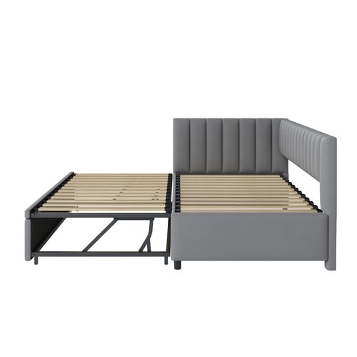 Lit Gigogne Enfant 90/180x200 Cm Avec Lit Coulissant, Multifonction, Velours Gris Clair