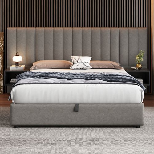 Lit Coffre 160x200 cm - Lit Double Ado Et Adulte, Rangement, 2 Tables De Nuit, Lin Gris+noir