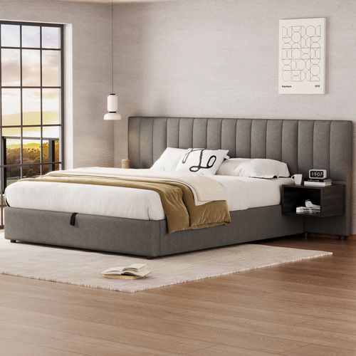 Lit Coffre 160x200 cm - Lit Double Ado Et Adulte, Rangement, 2 Tables De Nuit, Lin Gris+noir