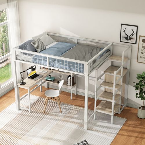 Lit Mezzanine 140 X 200 Cm - Lit Avec Bureau Et Étagères - Métal + Mdf - Blanc