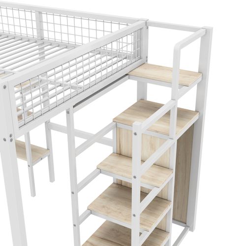 Lit Mezzanine 140 X 200 Cm - Lit Avec Bureau Et Étagères - Métal + Mdf - Blanc