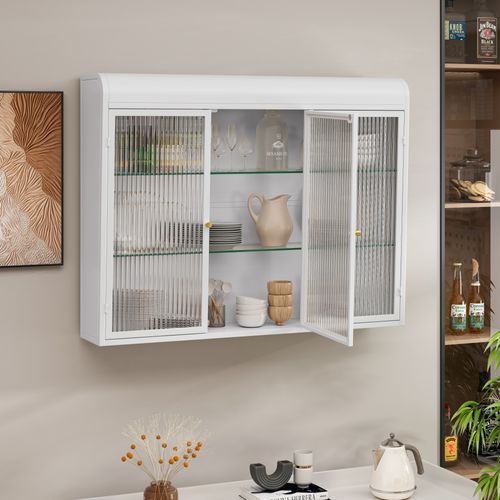 Armoire Murale 3 Portes Avec Rangement Suspendu Pour Cuisine Et Salon - Verre Et Métal, Blanc