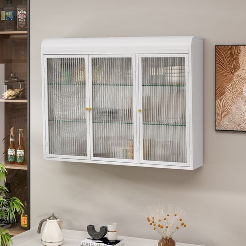 Armoire Murale 3 Portes Avec Rangement Suspendu Pour Cuisine Et Salon - Verre Et Métal, Blanc