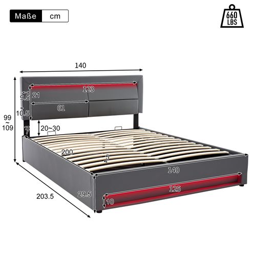 Lit Coffre 140x200 Cm - Lit Double Capitonné Avec Port USB Et Éclairage LED - Simili - Gris