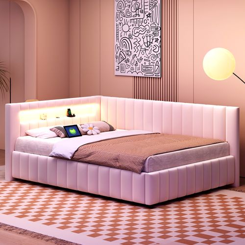 Lit Banquette 140x200 Cm Avec Éclairage LED Et Port USB, Velours Beige