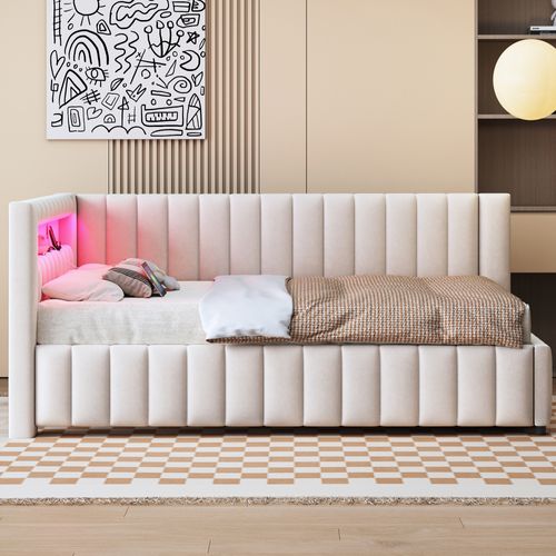 Lit Banquette 140x200 Cm Avec Éclairage LED Et Port USB, Velours Beige