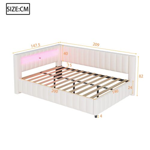 Lit Banquette 140x200 Cm Avec Éclairage LED Et Port USB, Velours Beige