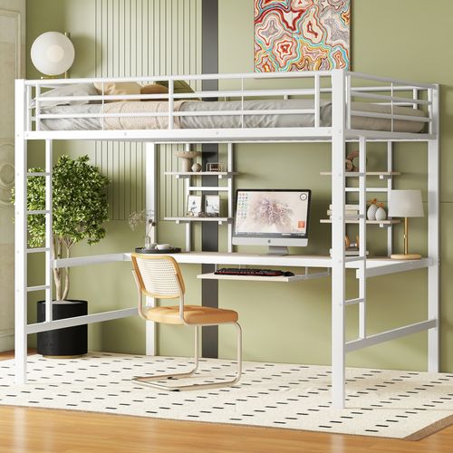 Lit Mezzanine Enfant/adolescent En Métal - 140x200 Cm - Avec Bureau, échelle Rangement Et Penderie - Blanc, Charge 150 Kg - Pour Chambre Optimisée - 2
