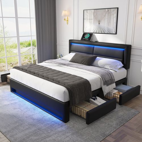 Lit Double 140x190 Cm - Lit Capitonné Pu Avec Rangement Et Ports USB - Éclairage LED Intégré - Noir