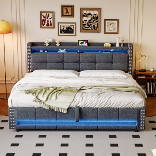 Lit Coffre 160x200 Cm - Lit Double Avec Rangement Et Éclairage LED Télécommandé, Tissu En Lin, Gris