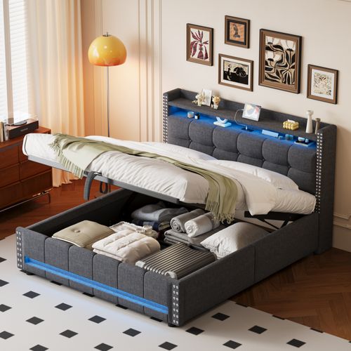 Lit Coffre 160x200 Cm - Lit Double Avec Rangement Et Éclairage LED Télécommandé, Tissu En Lin, Gris