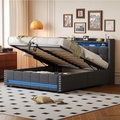 Lit Coffre 160x200 Cm - Lit Double Avec Rangement Et Éclairage LED Télécommandé, Tissu En Lin, Gris