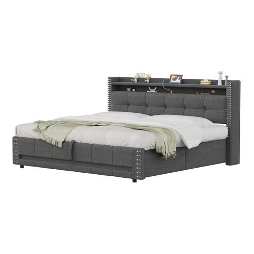 Lit Coffre 160x200 Cm - Lit Double Avec Rangement Et Éclairage LED Télécommandé, Tissu En Lin, Gris