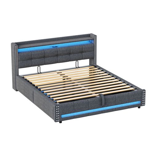 Lit Coffre 160x200 Cm - Lit Double Avec Rangement Et Éclairage LED Télécommandé, Tissu En Lin, Gris