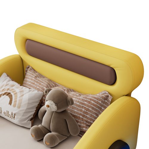 Lit Enfant 90x200 Cm – Lit Voiture Avec Roulettes LED Et Rangement – Simili + Mdf – Jaune