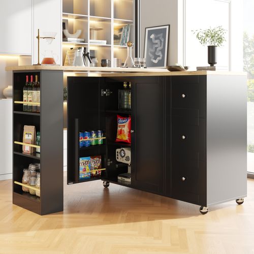 Meuble Bar Pivotant 360° Avec 3 Tiroirs Et Support à Snacks, Table De Bar Extensible, Mdf, Noir