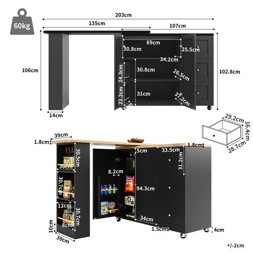 Meuble Bar Pivotant 360° Avec 3 Tiroirs Et Support à Snacks, Table De Bar Extensible, Mdf, Noir