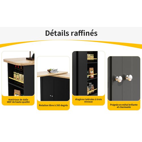 Meuble Bar Pivotant 360° Avec 3 Tiroirs Et Support à Snacks, Table De Bar Extensible, Mdf, Noir