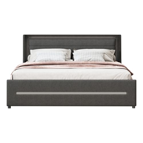 Lit Double 160x200 Cm - Lit Avec Éclairage LED Changeant, Rangement Intégré, 4 Tiroirs, Lin Gris