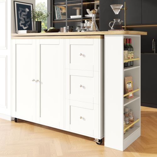 Meuble Bar Pivotant Extensible Avec 3 Tiroirs Et Support à Snacks, Table Haute Moderne, Mdf, Blanc