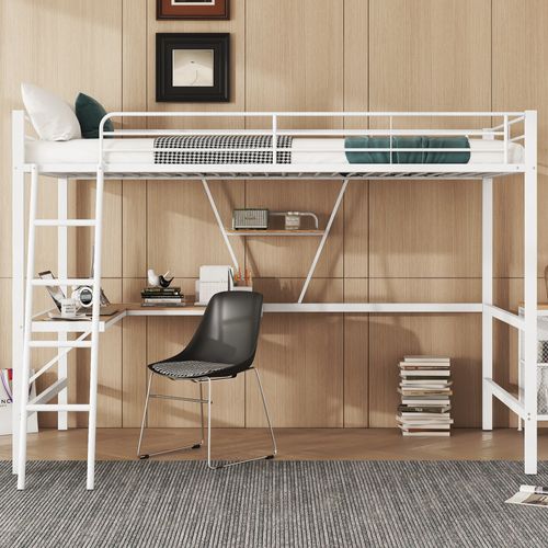 Lit Mezzanine 90 X 200 Cm - Lit Avec Bureau En L Et Étagère - Métal + Mdf - Blanc