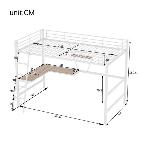 Lit Mezzanine 90 X 200 Cm - Lit Avec Bureau En L Et Étagère - Métal + Mdf - Blanc
