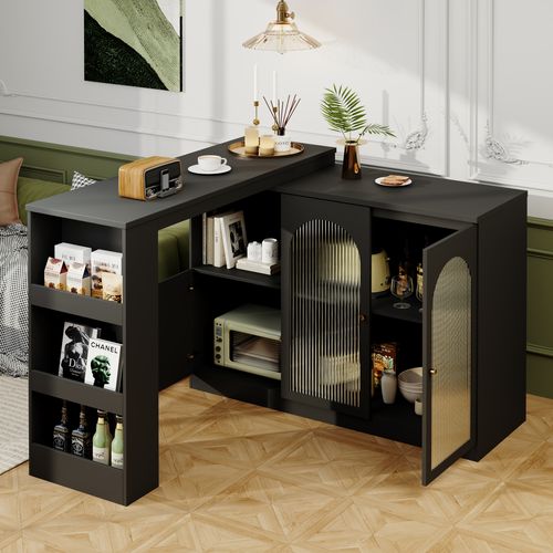 Meuble Bar Pivotant 360° Avec Vitrine Verre Cannelé - Table Bar Moderne Cuisine/salon - Mdf Noir