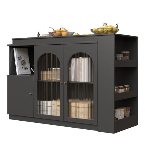 Meuble Bar Pivotant 360° Avec Vitrine Verre Cannelé - Table Bar Moderne Cuisine/salon - Mdf Noir