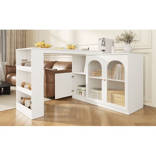 Meuble Bar Pivotant 360° Avec Vitrine Verre Cannelé - Table Bar Moderne Cuisine/salon - Mdf Blanc