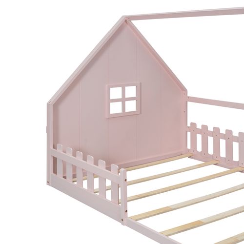 Lit Cabane 140 X 200 Cm - Lit Double Enfant Avec Barrières - Pin + Mdf - Rose