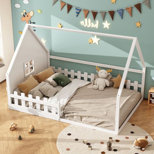Lit Cabane 140 X 200 Cm - Lit Double Enfant Avec Barrières - Pin + Mdf - Blanc