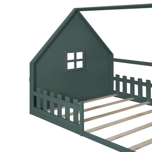 Lit Cabane 140 X 200 Cm - Lit Double Enfant Avec Barrières - Pin + Mdf - Vert