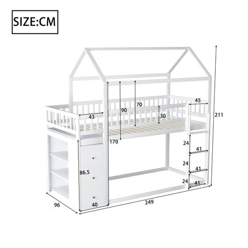 Lit Superposé 90x200 Cm Enfant En Bois Avec Rangement, Cabane, Protection Et Échelle, Blanc