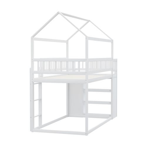 Lit Superposé 90x200 Cm Enfant En Bois Avec Rangement, Cabane, Protection Et Échelle, Blanc