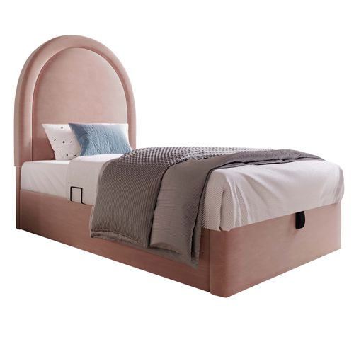 Lit Coffre Simple 90 X 190 Cm - Tête De Lit à Motif Cosmique - Métal + Velours + Bois  - Rose