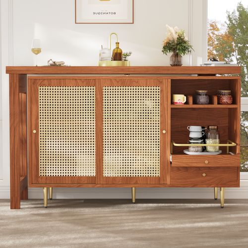 Table Bar Haute Cuisine, Meuble Extensible, Rotatif 360° Avec Rangement, Portes En Rotin - Mdf Brun