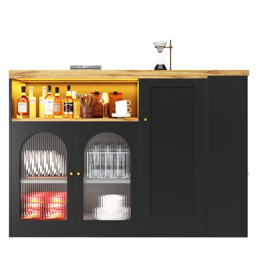 Table Bar Avec Plateau Mdf Et LED, Rangement Avec Vitrine Verre Cannelé - Meuble Bar Salon Noir